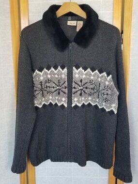 Vintage Cherokee Ski Sweater Zip Up Cardigan Faux Fur Collar Size XL Nordic